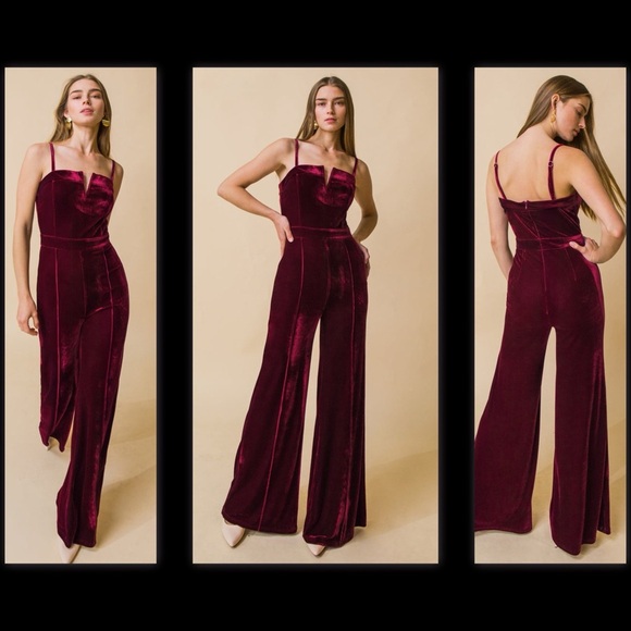 FLYING TOMATO BLOW A KISS VELVET BURGUNDY WIDE LEG ELEGANT PARTY JUMPSUIT 1X - Picture 1 of 16